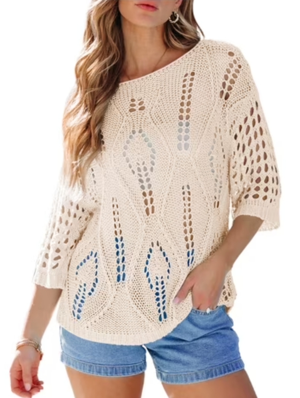 Evaless Top NWT Size M Cream Knit Boho Crochet Short Sleeves Light Summer
